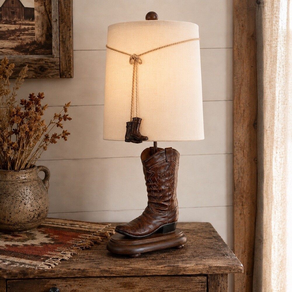 Rustic Western Cowboy Boot Shaped Table Lamp Brown Fabric Shade Corded Resin